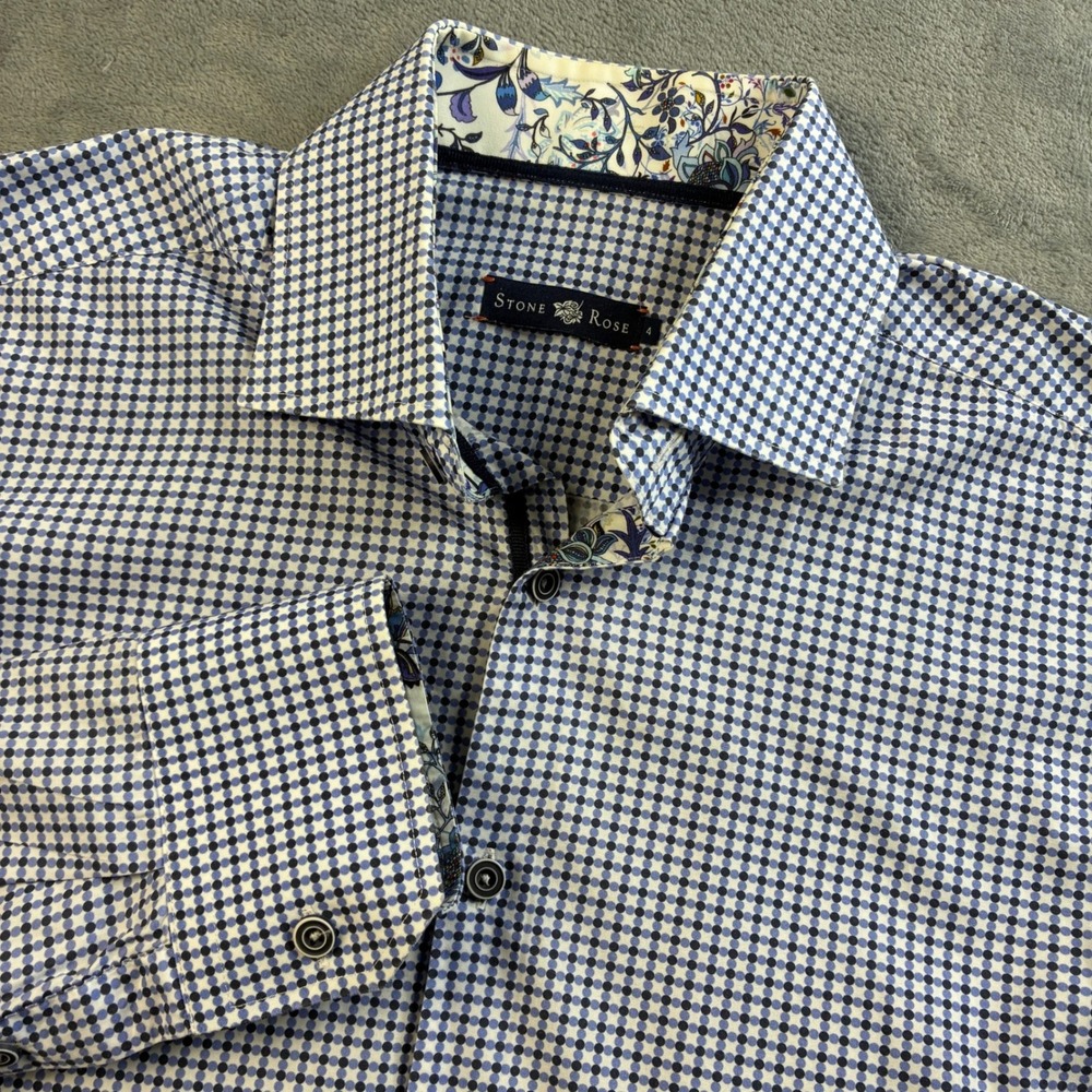 Stone Rose Mens Blue Micro Dot Button Down Shirt Floral Contrast Size 4 L Turkey